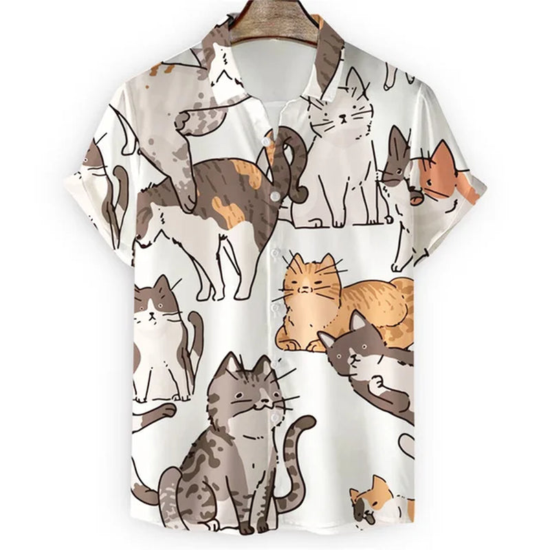 Men'S Hawaiian Collar Shirt 3D Printing Short Sleeve Cute Cat Casual for Men Vintage Clothes Harajuku Floral Blouse-Gennys fashion