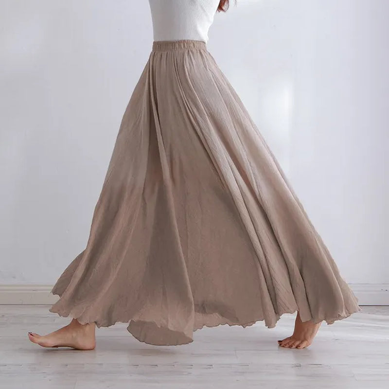 High Quality Cotton Linen Maxi Skirt Womens Casual Elastic High Waist Pleated A-Line Beach Skirts Boho Saia Feminina Faldas Jupe-Gennys fashion