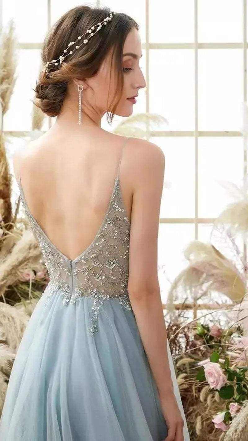 Sexy Evening Dresses with Slit Gorgeous Crystal Beads Sexy V Neck Spaghetti Straps Formal Prom Gown-Gennys fashion