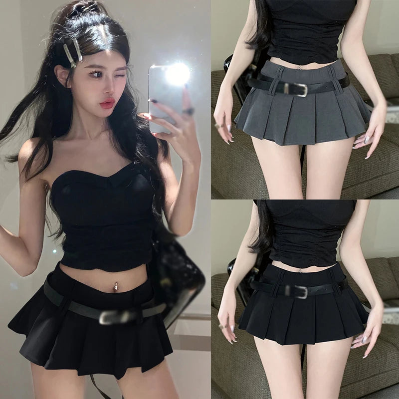 Women'S High Waist Short Skirt Sexy and Fashionable Spicy Girl A-Line Pleated Skirt with Belt Half Length Skirt-Gennys fashion