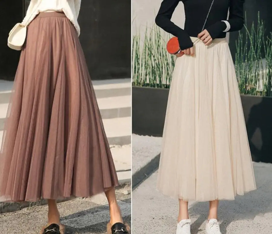 New Women Mesh Elastic Tutu Skirt Beach Spring Summer Korean High Waist Fashion Pleated Long Skirt Black White Tulle Skirts-Gennys fashion