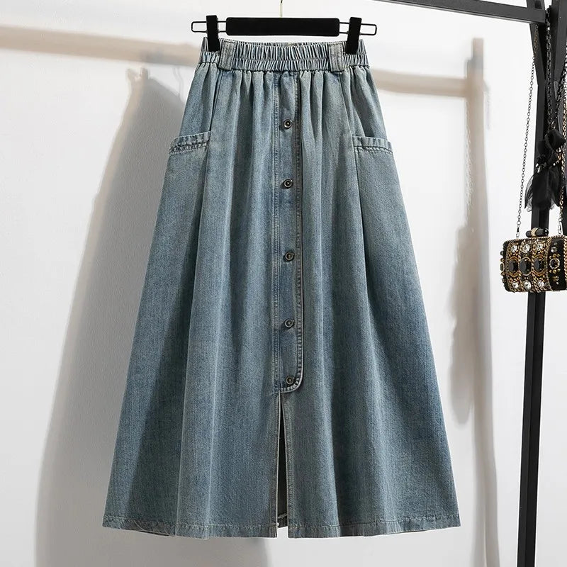 High Waist Casual Denim Skirts Women New Arrival 2024 Vintage Style Single-Breasted Basics Female A-Line Long Skirts B3848-Gennys fashion