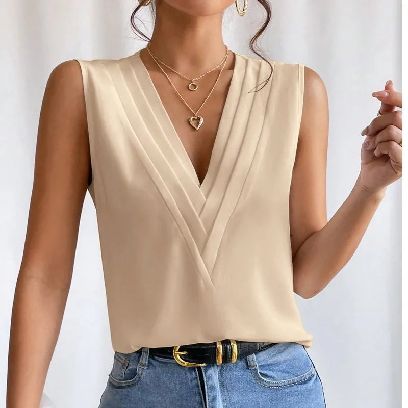 Fashionable Women'S Summer New Multi-Level V-Neck Solid Color Tank Top Shirt Elegant Women'S White Sleeveless Casual Blouse-Gennys fashion