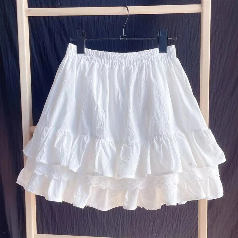 Ruffles Lace Patchwork Cotton White Mini Skirt High Waist A-Line Skirts for Women 2024 Summer-Gennys fashion