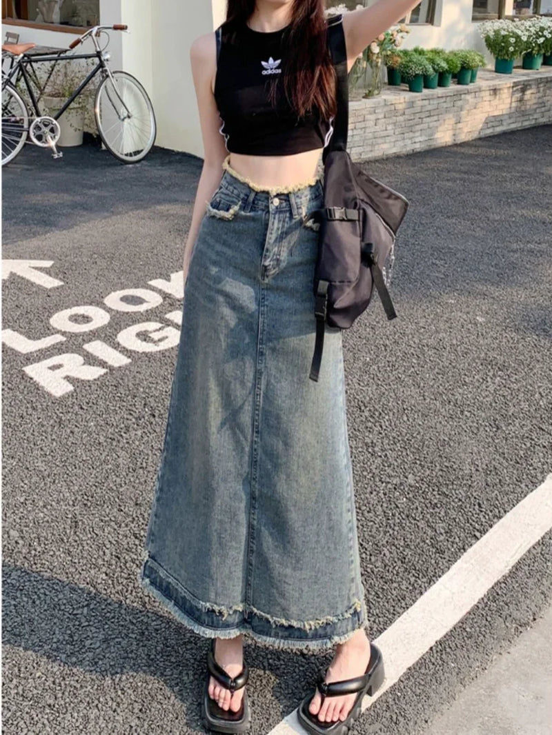 Retro High Waisted Denim Skirt Women'S Spring Mid Length Solid Color Casual A-Line Skirt 2024 New Tassel Design Slim Fit Skirt-Gennys fashion