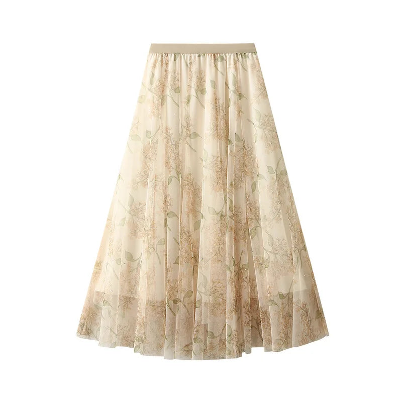 Gentle Long Skirt Girl Pink Print High Waist A-Line Half Skirt Temperament Mesh Sparkling Sparkling Flowing Skirt-Gennys fashion