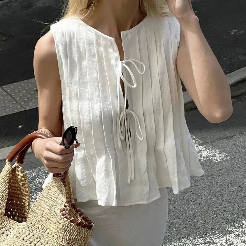 Linen Cotton Pleated Lace up Sleeveless Short Shirt Blouse Female Slim Waist Crop Top Pleated Shirts 2024 New White-Gennys fashion