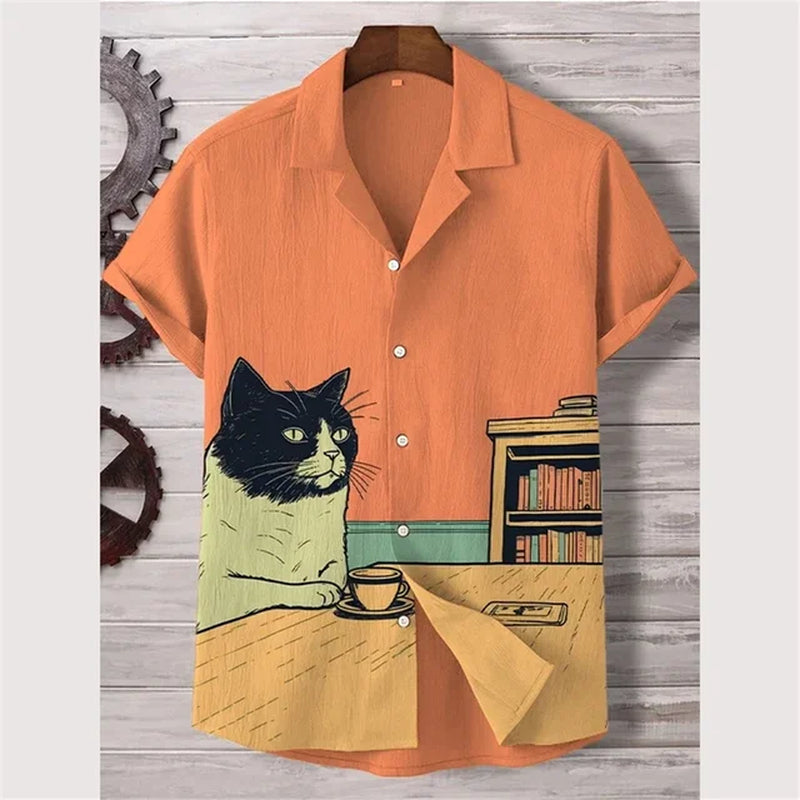 Men'S Short-Sleeved Shirt Hawaiian Casual Comfortable Men'S Lapel Top Cat Print Bamboo Linen Large Size Men'S Shirt Summer 5XL-Gennys fashion