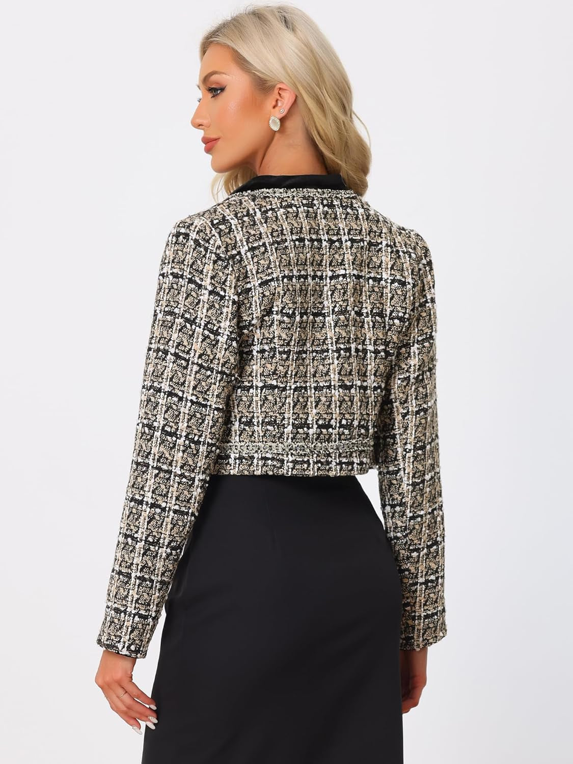 Tweed Crop Jacket for Women'S Stand Collar Double Breasted Elegant Plaid Blazer-Gennys fashion