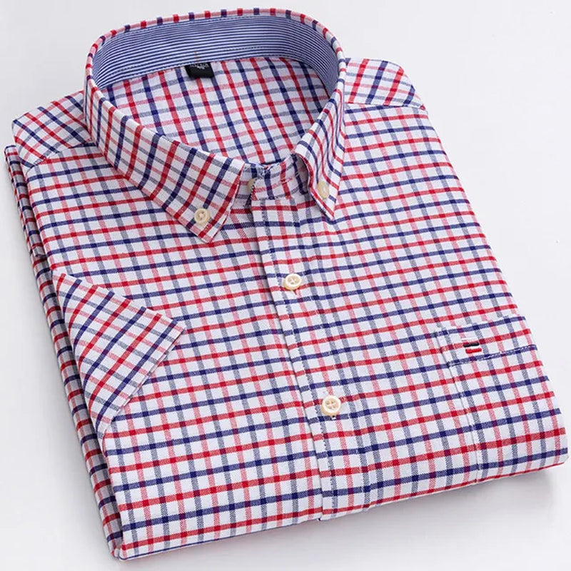 Men'S Fashion Versatile Short Sleeve Oxford Shirt Single Chest Pocket Regular-Fit Comfortable Cotton Plaid Striped Casual Shirts-Gennys fashion