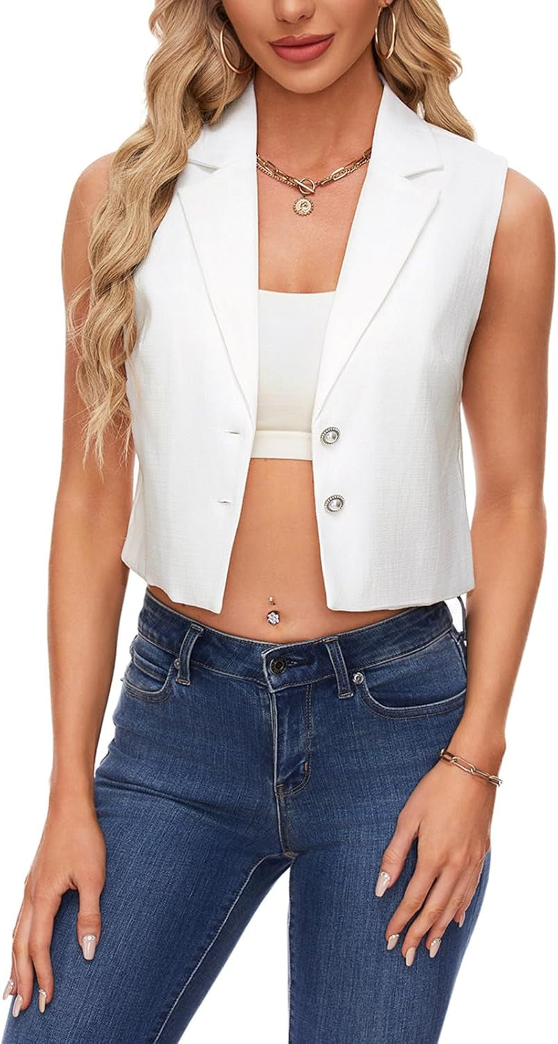 Women Sleeveless Blazer Button down Blazers Vest Casual Crop Summer Top Waistcoat with Buttons-Gennys fashion