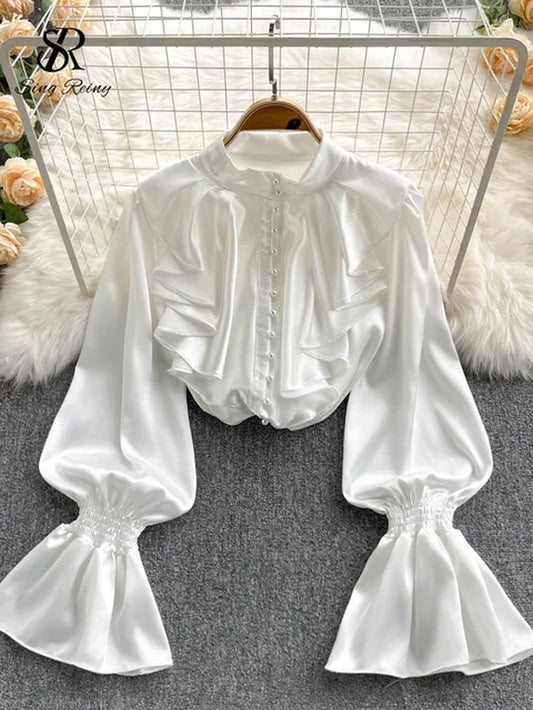 SINGREINY High Quality Satin Loose Shirt Long Flared Sleeves Ruffles O Neck Beading Women Gentle Office Lady Casual Blouse-Gennys fashion