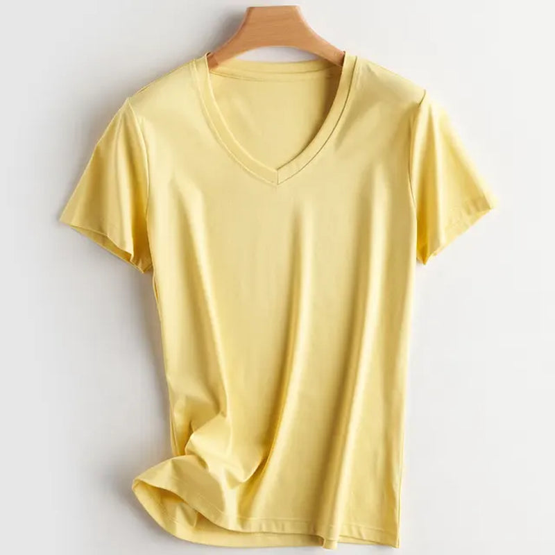 Summer 100% Mercerized Cotton Women Silk T-Shirts O Neck Short Sleeve Loose Straight Tops Simple Casual Tees for Minimalist 2023-Gennys fashion