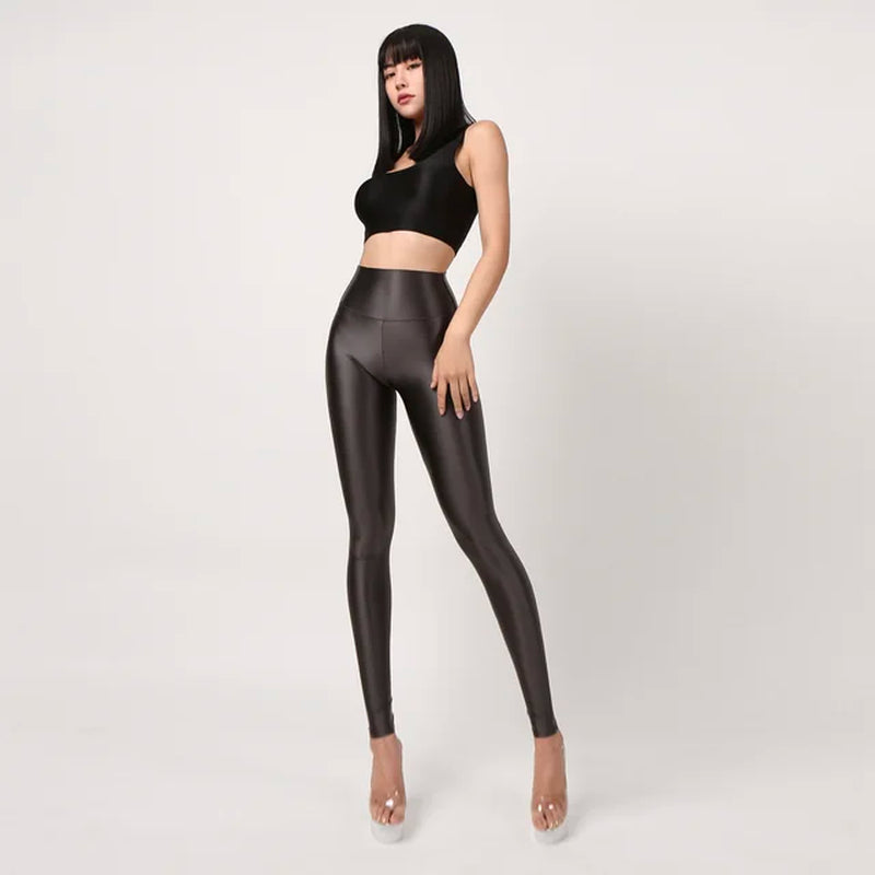 Glossy See through Thin Satin Sexy Leggings High Waist Yoga Sports Pants plus Size Trousers Women Bottoms-Gennys fashion