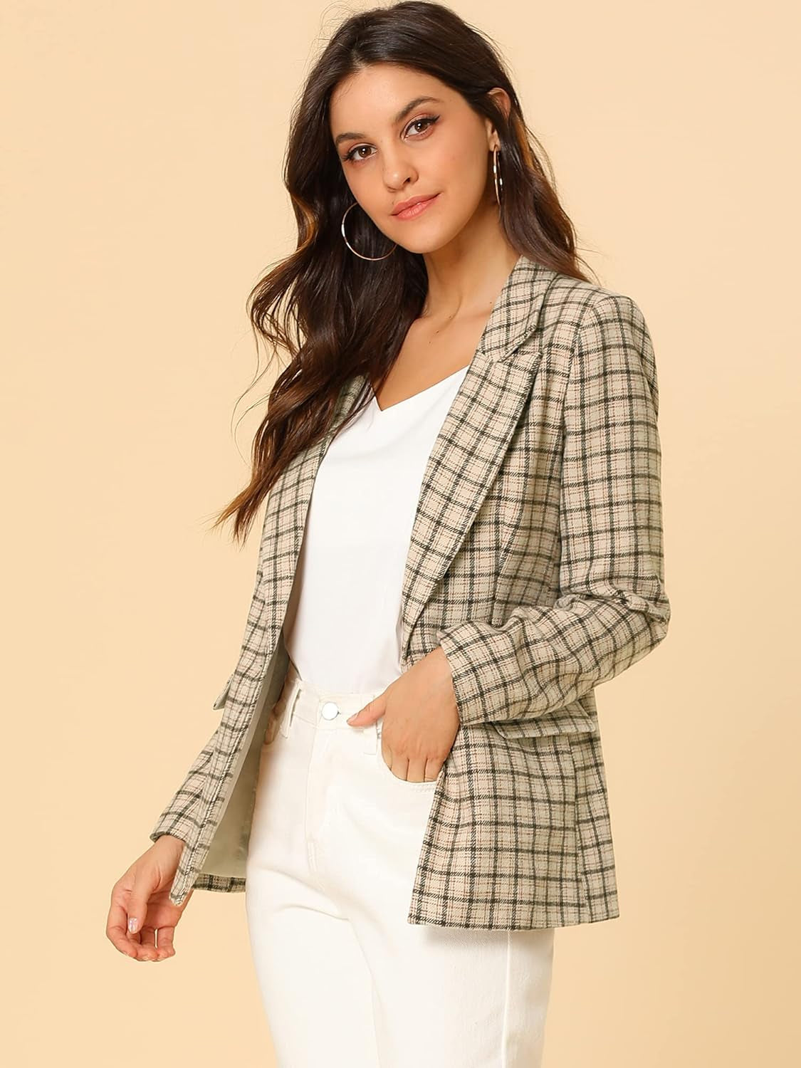 Women'S Blazers Boyfriend Notched Lapel Plaid Blazer Jacket-Gennys fashion