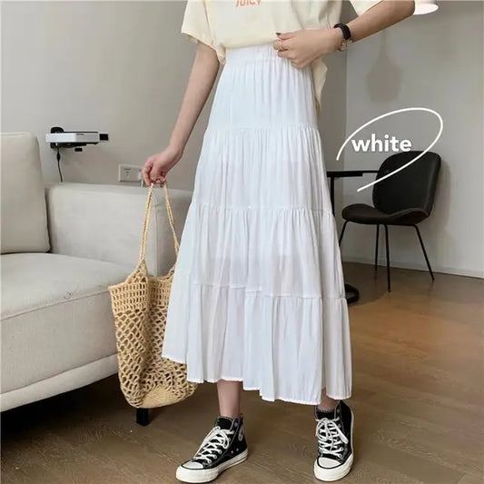 Spring Summer Women Chiffon Skirts Vintage High Waist Elastic Patchwork White Black Chic Long Cake A-Line Skirt for Student-Gennys fashion