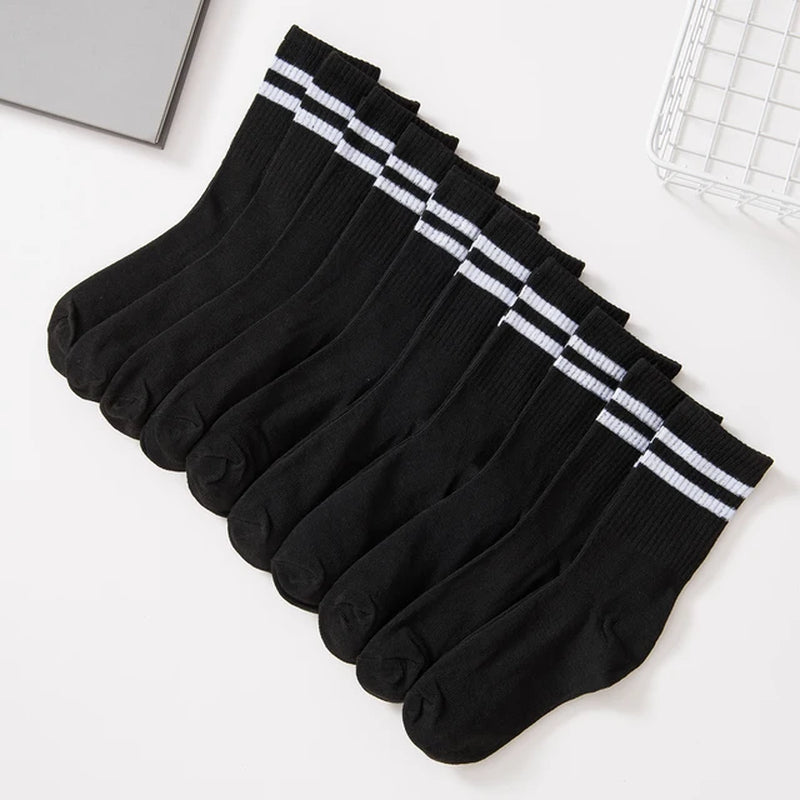 10 Pairs High Tube Mid Length Socks Set Women in Solid Black White Parallel Bars Popular Sweat Absorption Fashion Women'S Socks-Gennys fashion