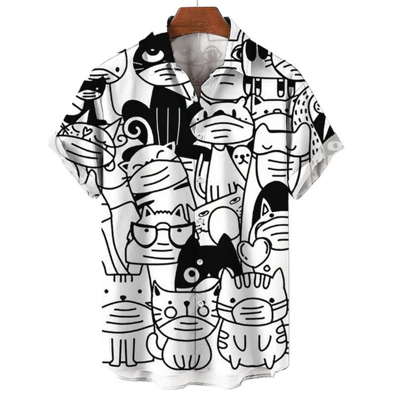 Men'S Hawaiian Collar Shirt 3D Printing Short Sleeve Cute Cat Casual for Men Vintage Clothes Harajuku Floral Blouse-Gennys fashion