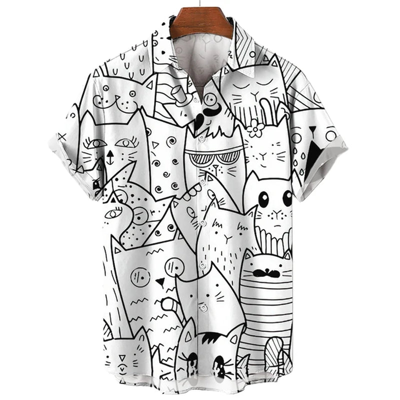 Men'S Hawaiian Collar Shirt 3D Printing Short Sleeve Cute Cat Casual for Men Vintage Clothes Harajuku Floral Blouse-Gennys fashion