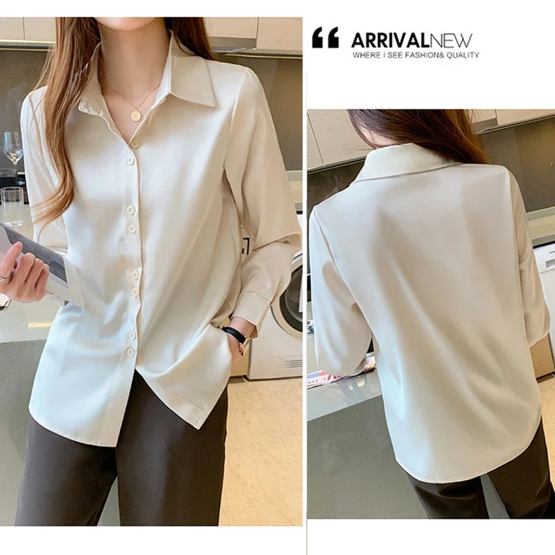 Women'S Silk Shirts V-Neck Solid Laides Tops Womens 2023 Spring Fashion Satin Long Sleeve Blouses Button up White OL Vintage Top-Gennys fashion