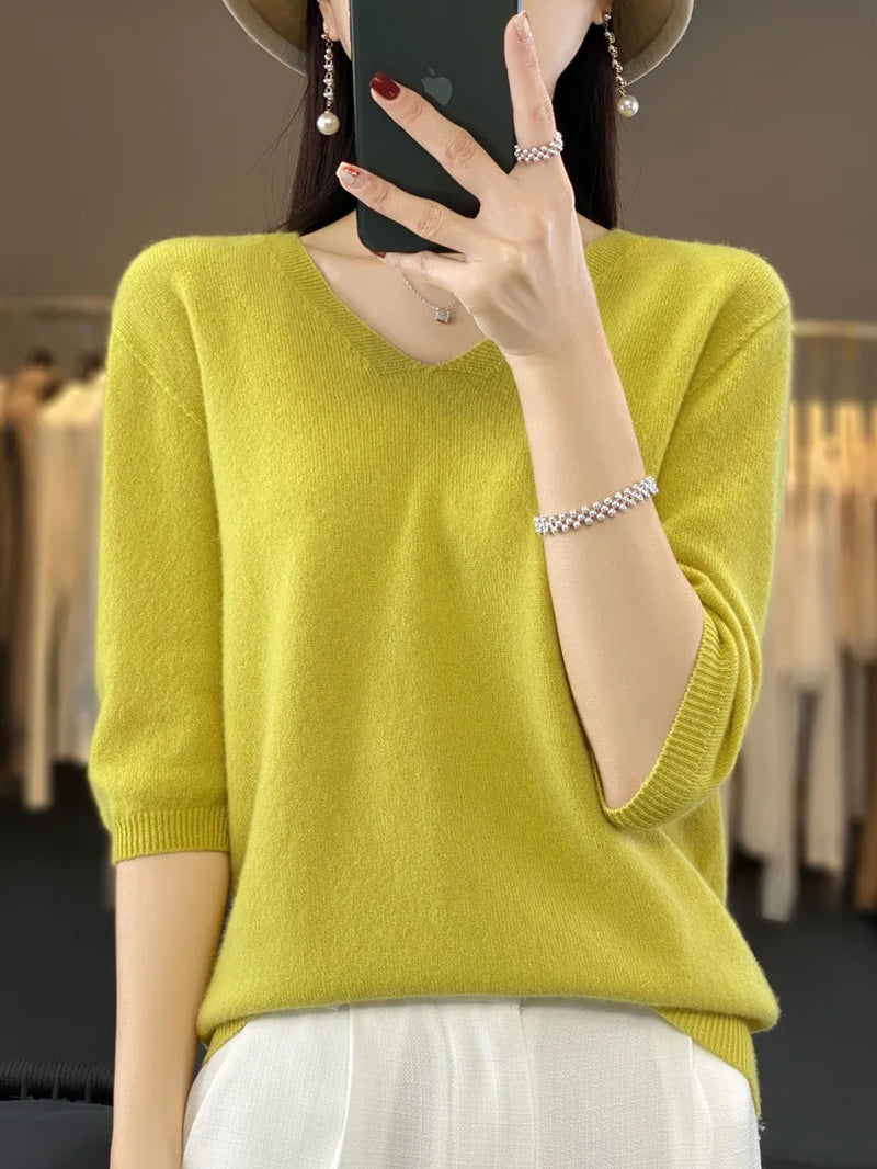 Short Sleeve Women Knitted Sweaters 100% Pure Merino Wool Cashmere Spring Fashion V-Neck Top Pullover Clothing-Gennys fashion