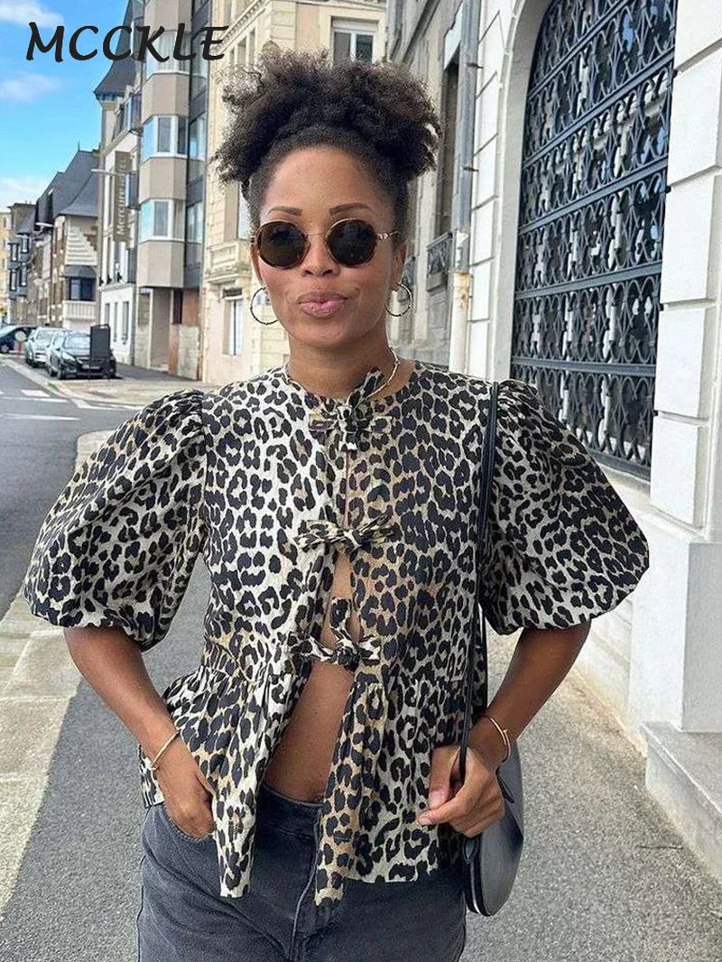 Lace up Leopard Print Shirt Women Puff Short Sleeve Hollow Out O-Neck Blouse 2024 Summer Female Fashion Commuter Tops Streetwear-Gennys fashion