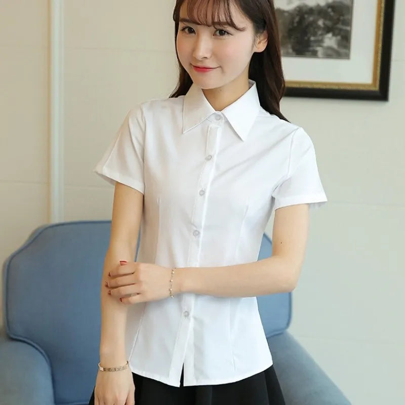 Korean Fashion White Shirt Women Autumn Short Sleeve Blouse Slim Office Lady Tops Women'S Shirt S-5XL Student Shirt Women'S Wear-Gennys fashion