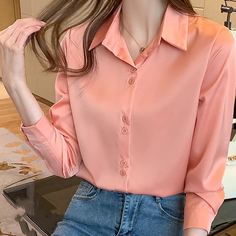 Women'S Silk Shirts V-Neck Solid Laides Tops Womens 2023 Spring Fashion Satin Long Sleeve Blouses Button up White OL Vintage Top-Gennys fashion